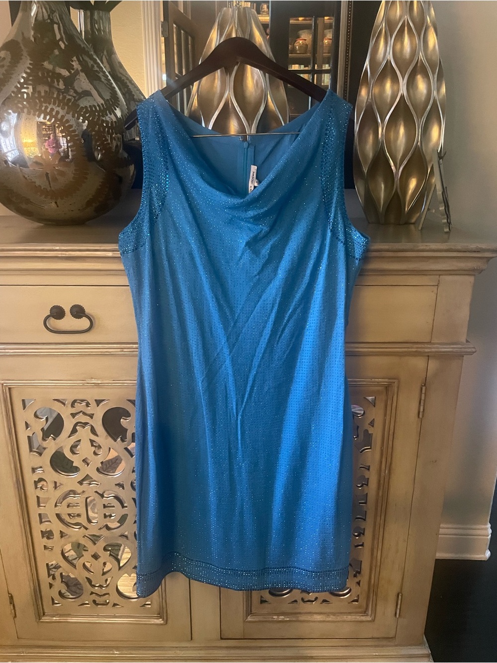 St. John Ocean Colored  Beaded Cowl Neck MIDI Dress